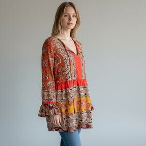 Linea Tesini Boho Peasant Blouse Top Tunic Size US 2